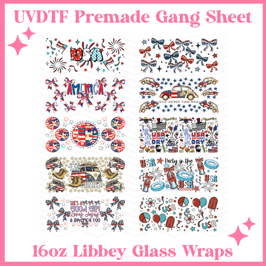 America 16oz Libbey Glass Wraps - 22x24 - UVDTF PREMADE GANG SHEET