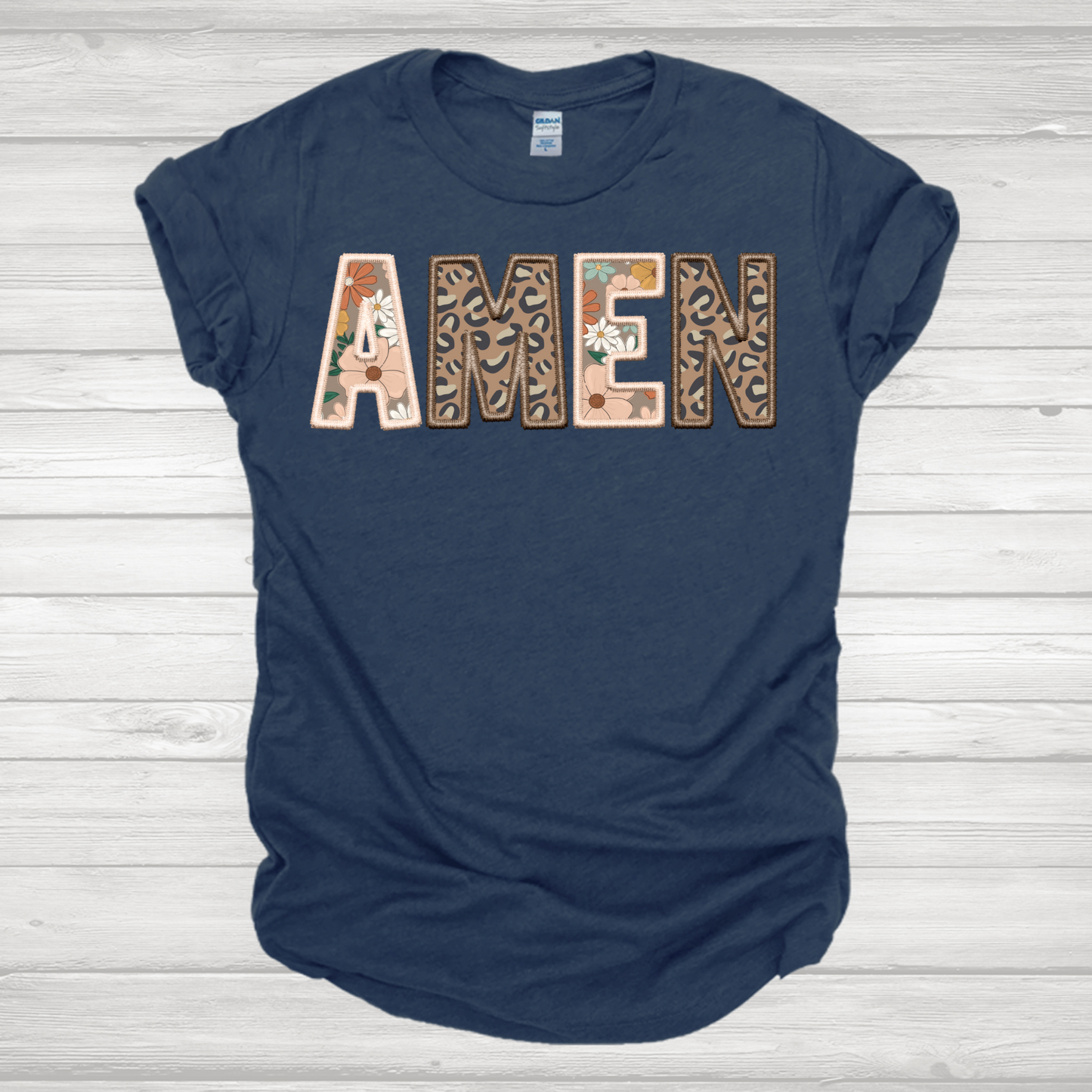 Faux Embroidery Floral & Leopard Amen Transfer