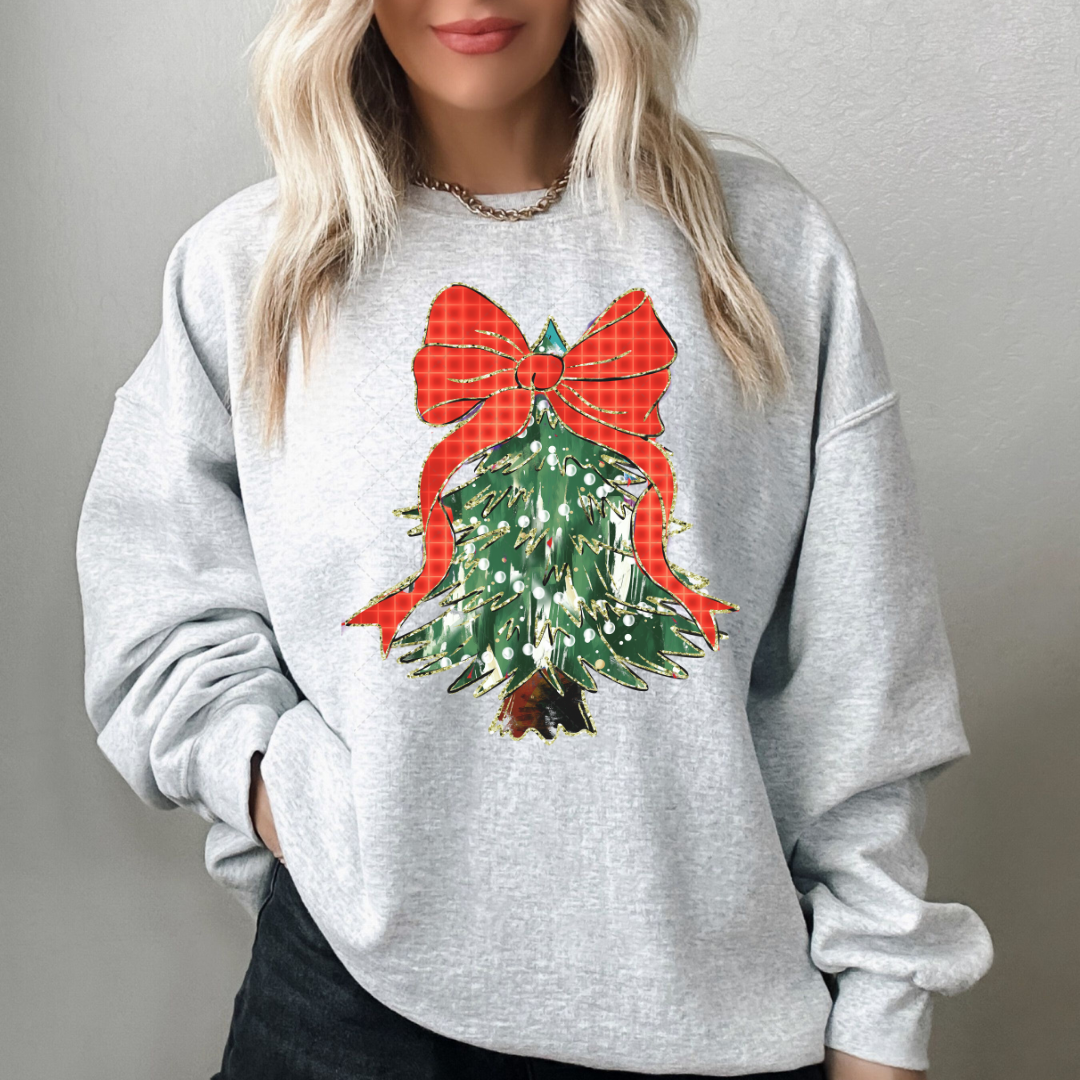 Brush Stroke Traditional Christmas Tree With Red Plaid Bow Transfer