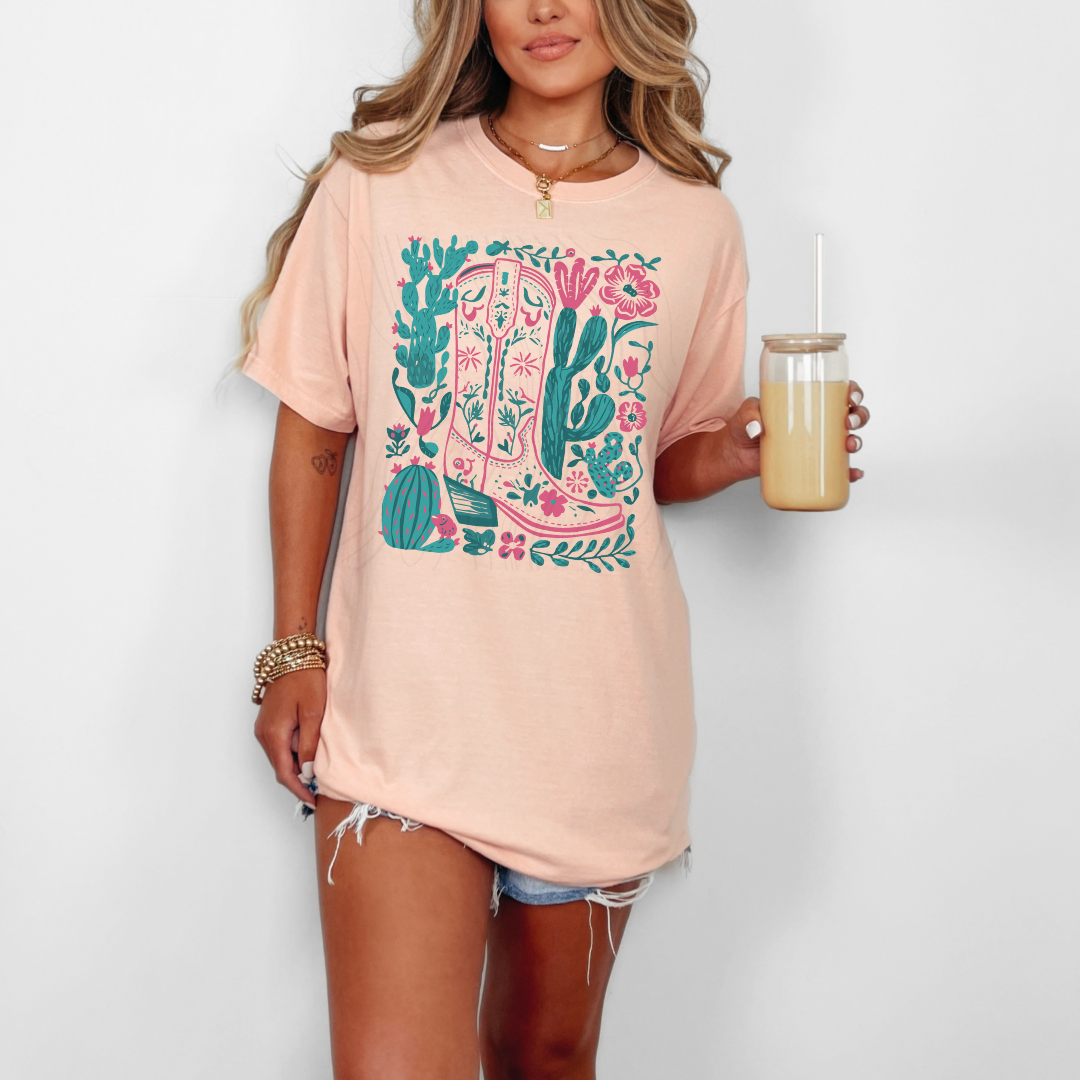 Cactus Boho Boot And Floral Transfer