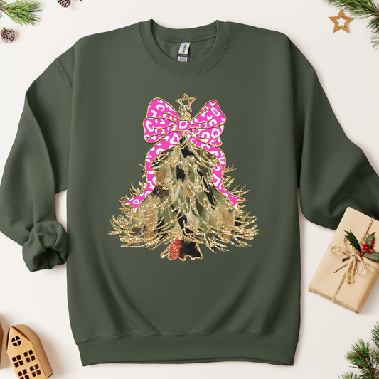 Camo Christmas Tree With Pink Leopard Bow Transfer