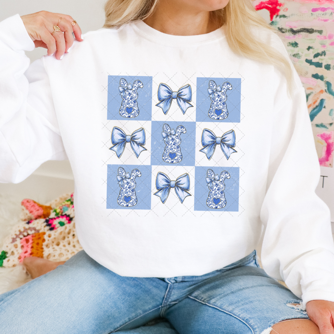 Checkered Blue Floral Bunny Transfer