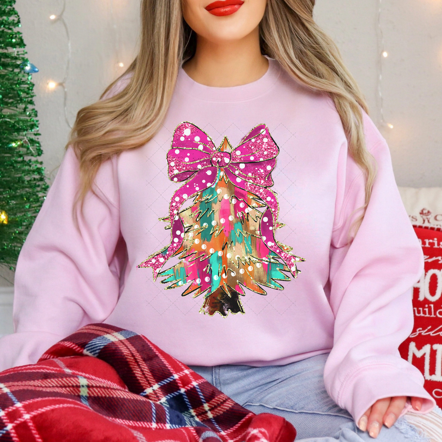 Colorful Brush Stroke Christmas Tree With Pink Glitter Bow Transfer