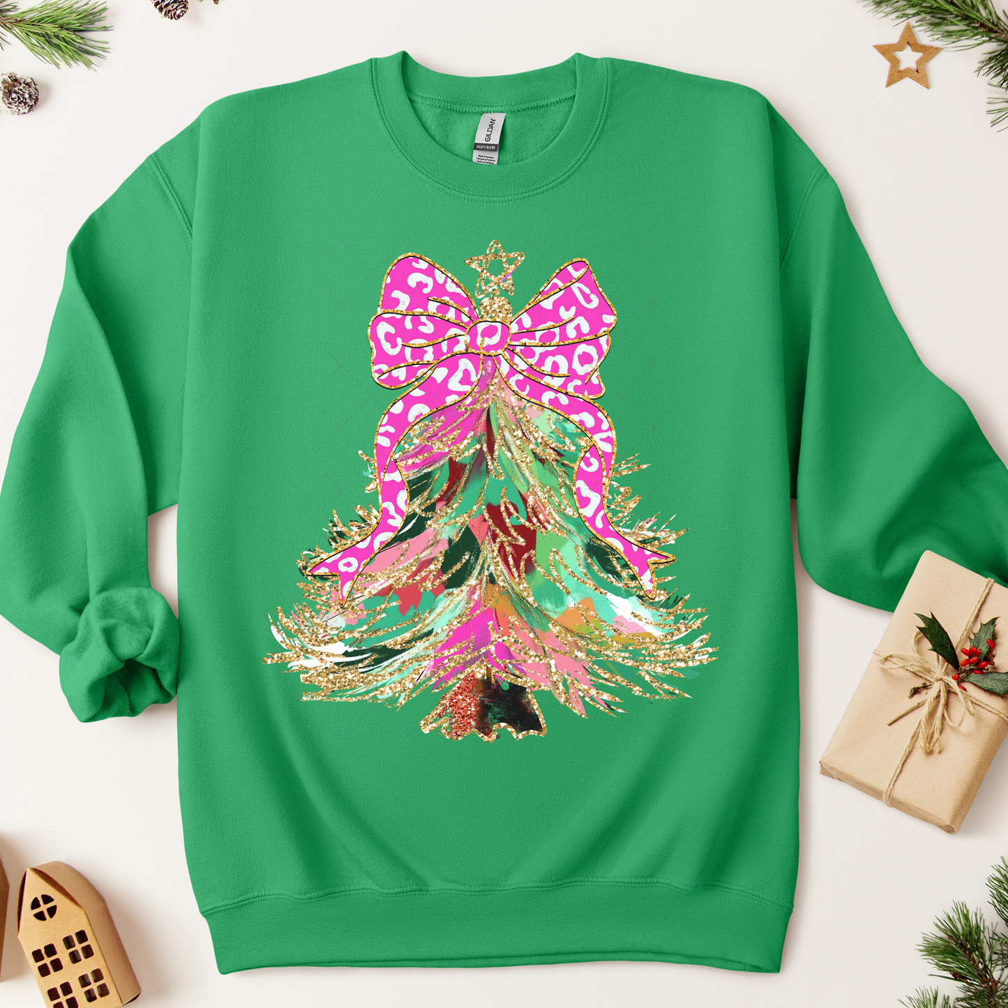 Colorful Christmas Tree With Pink Leopard Bow Transfer