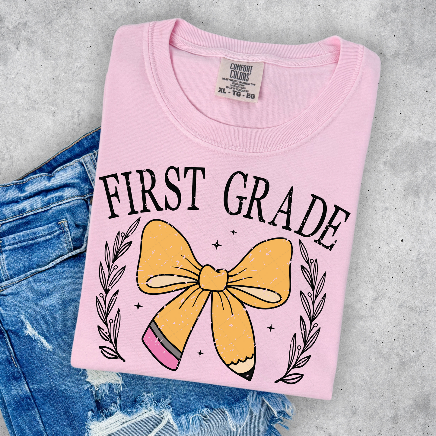 First Grade Pencil Bow Retro Transfer