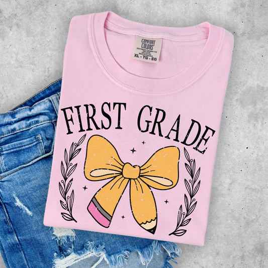 First Grade Pencil Bow Retro Transfer