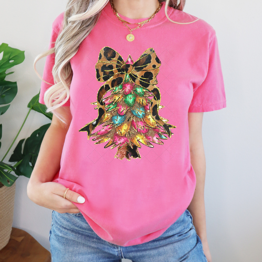 Gold Colorful Christmas Tree With Leopard Bow Transfer