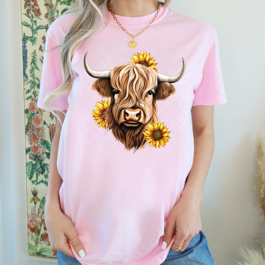 Highland Cow With Sunflowers Transfer