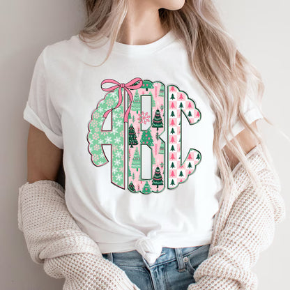 Pink & Green Plaid Snowflakes Christmas - Custom Monogram Transfer