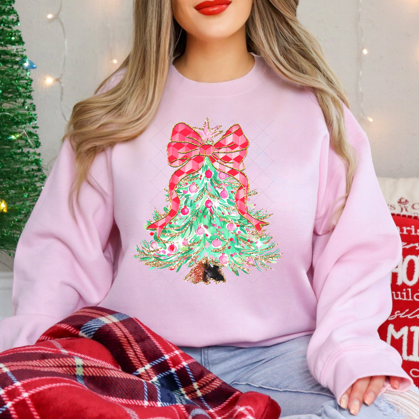 Pink And Green Christmas Tree And Red Plaid Bow Transfer