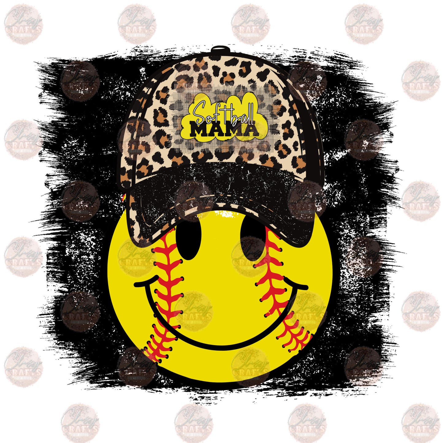 Leopard Hat Smiley Softball Mama Distressed Transfer