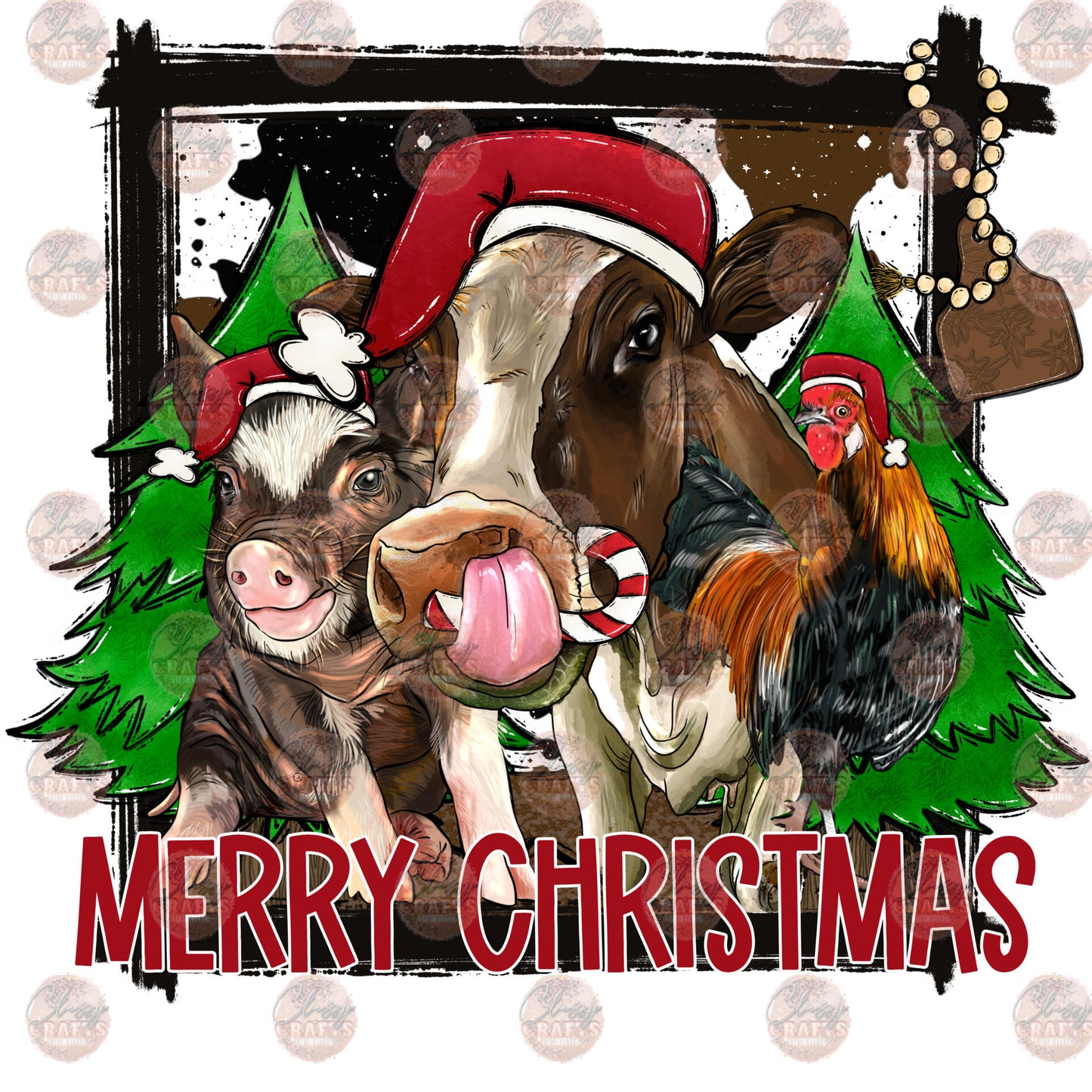 Merry Christmas Pig, Cow, Rooster Transfer