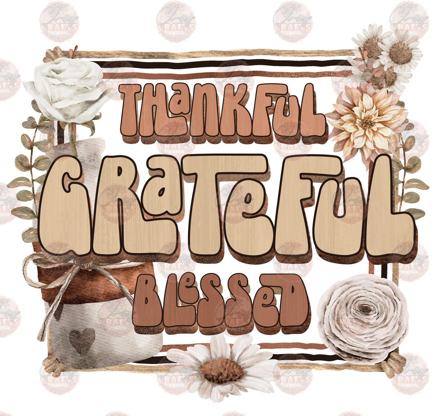 Thankful Grateful Blessed Floral Transfer