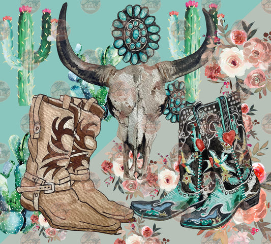 Western Skull & Boots Tumbler Wrap - Sublimation Transfer